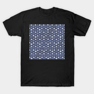 Traditional Japanese Kikkou Tortoise Shell Autumn Geometric Floral Pattern with Maple Leaves, Bush Clover, and Chrysanthemum in Indigo Navy T-Shirt